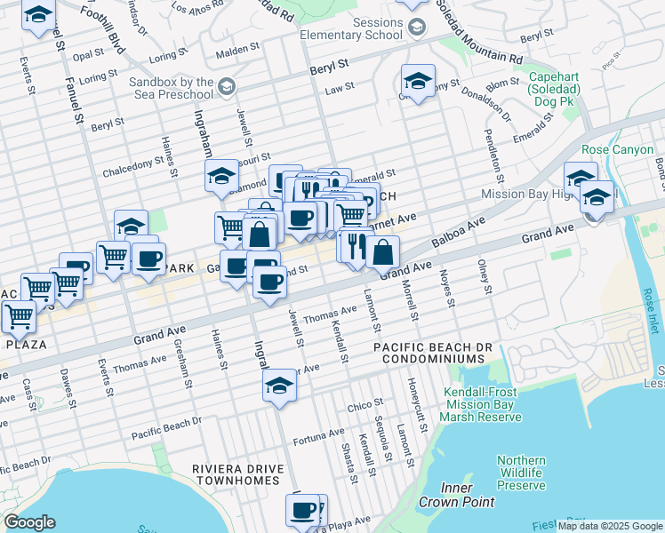 map of restaurants, bars, coffee shops, grocery stores, and more near in San Diego
