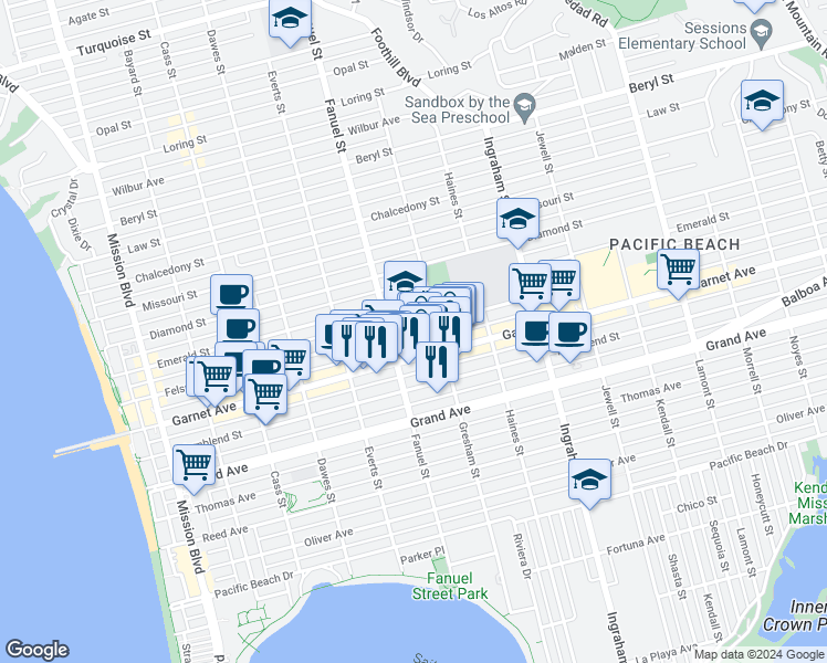 map of restaurants, bars, coffee shops, grocery stores, and more near 1339 Garnet Avenue in San Diego