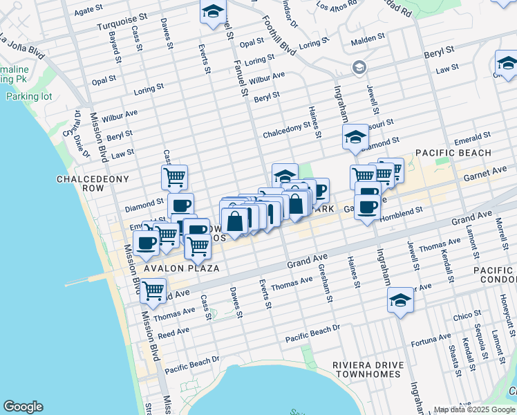 map of restaurants, bars, coffee shops, grocery stores, and more near 1227 Felspar Street in San Diego