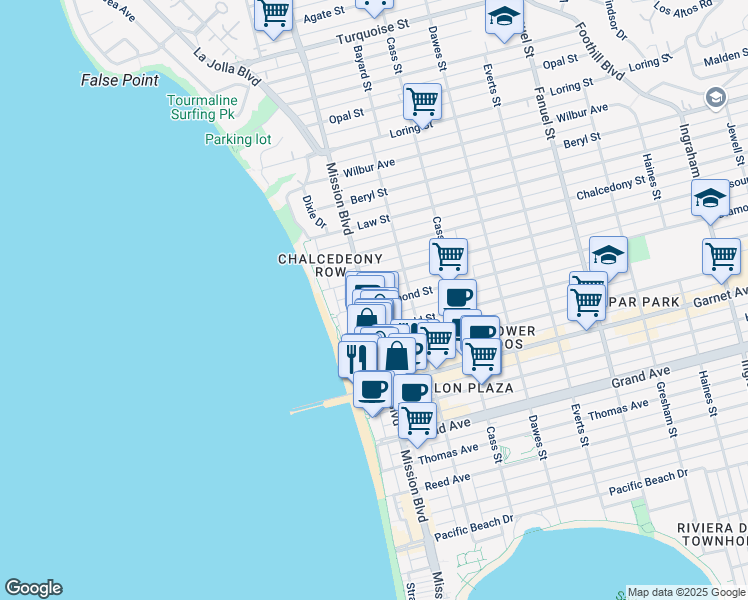 map of restaurants, bars, coffee shops, grocery stores, and more near 4682 Mission Boulevard in San Diego