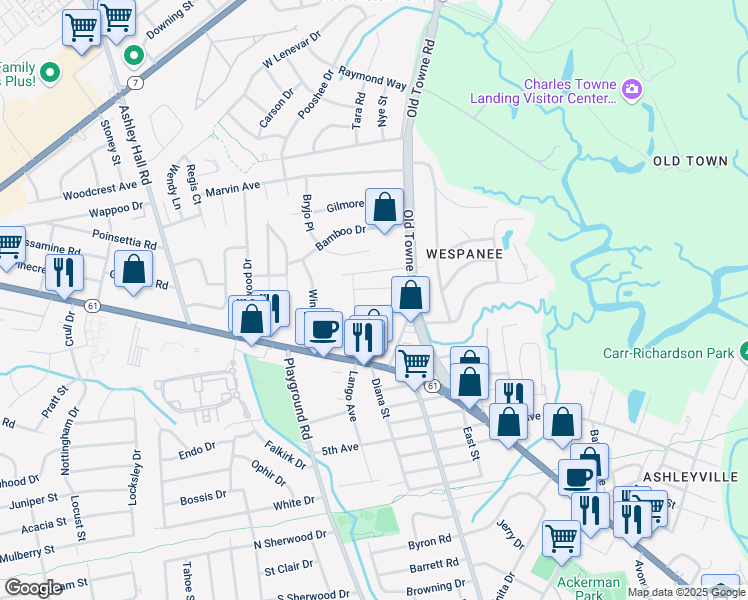 map of restaurants, bars, coffee shops, grocery stores, and more near 1840 Carriage Lane in Charleston