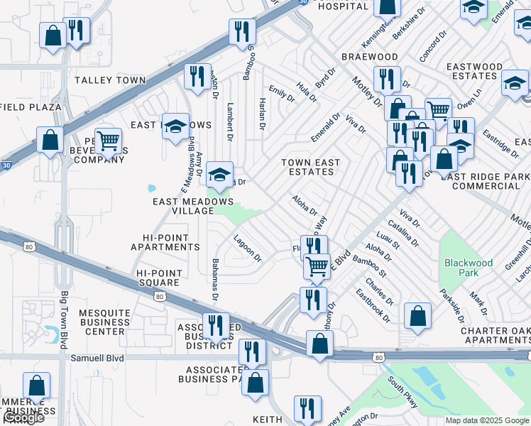 map of restaurants, bars, coffee shops, grocery stores, and more near 2330 Tradewind Drive in Mesquite