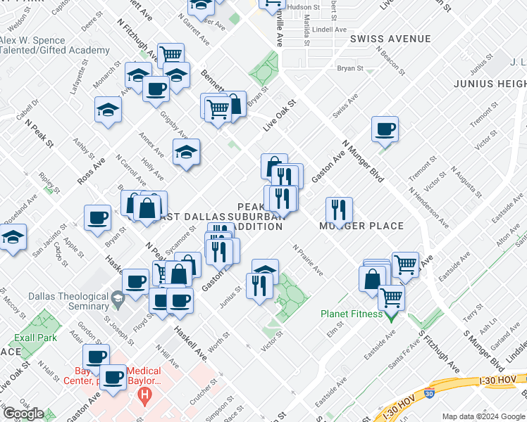 map of restaurants, bars, coffee shops, grocery stores, and more near 4803 Gaston Avenue in Dallas
