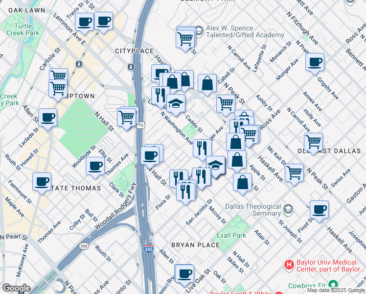 map of restaurants, bars, coffee shops, grocery stores, and more near 262 Wheatley Place in Dallas