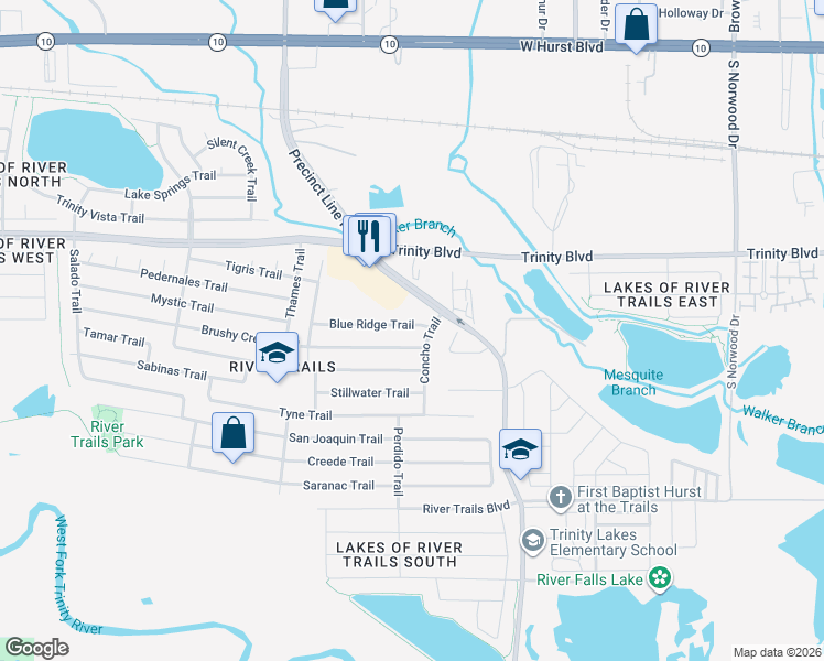 map of restaurants, bars, coffee shops, grocery stores, and more near 9088 Brushy Creek Trail in Fort Worth