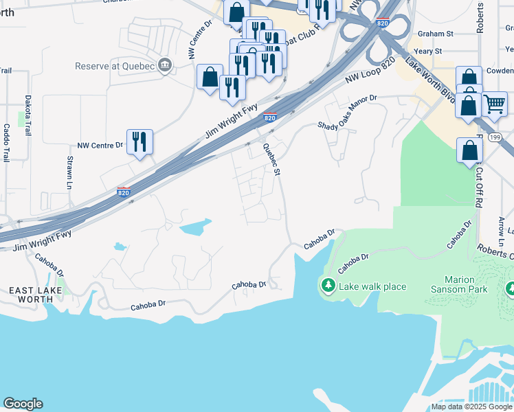 map of restaurants, bars, coffee shops, grocery stores, and more near 5700-5746 Summit Park Circle West in Fort Worth