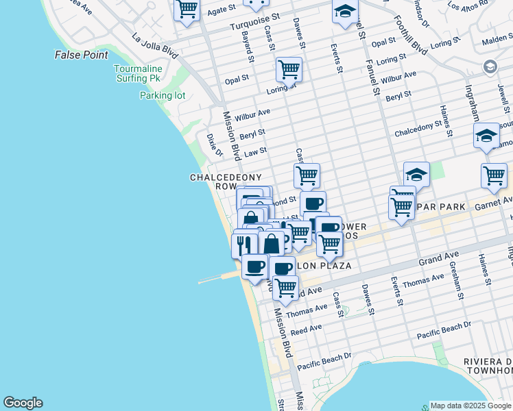 map of restaurants, bars, coffee shops, grocery stores, and more near 4682 Mission Boulevard in San Diego