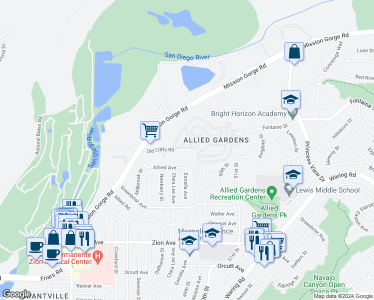 map of restaurants, bars, coffee shops, grocery stores, and more near 5013 Old Cliffs Road in San Diego