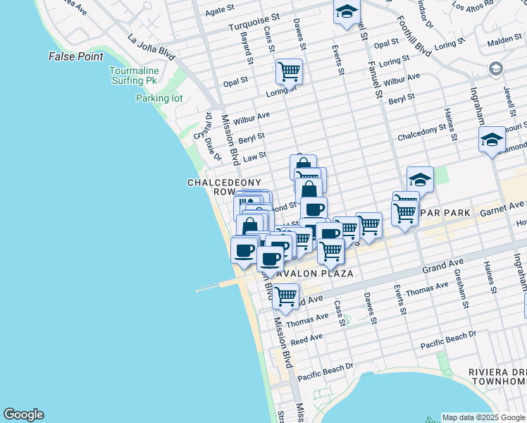 map of restaurants, bars, coffee shops, grocery stores, and more near 830 Diamond Street in San Diego