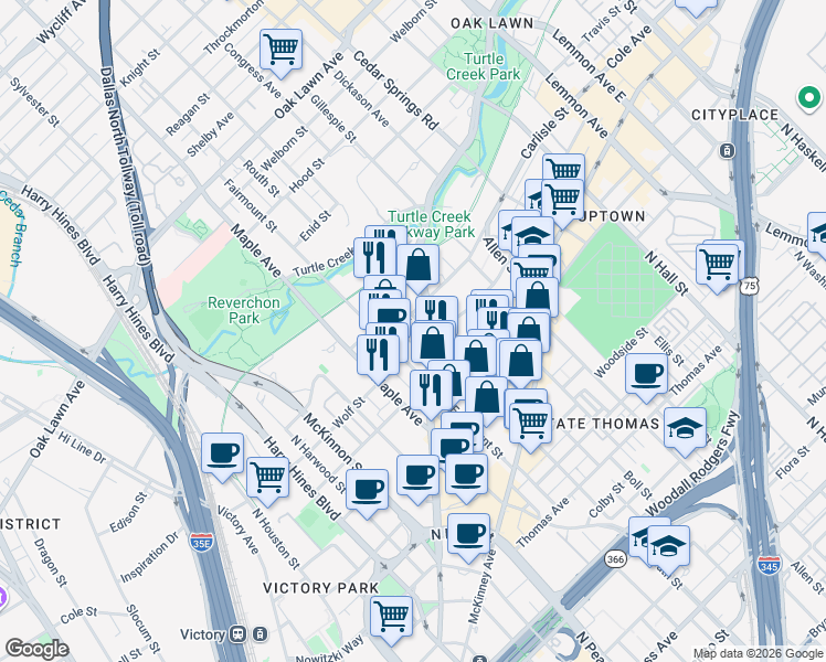 map of restaurants, bars, coffee shops, grocery stores, and more near 2511 Cedar Springs Road in Dallas