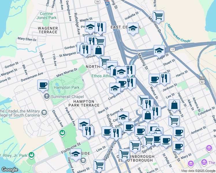map of restaurants, bars, coffee shops, grocery stores, and more near 380 Huger Street in Charleston
