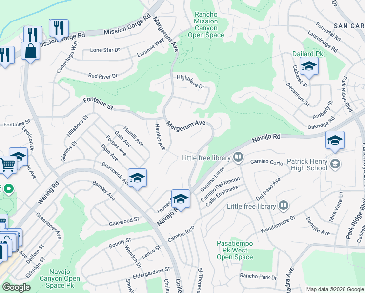map of restaurants, bars, coffee shops, grocery stores, and more near 5946 Crow Court in San Diego