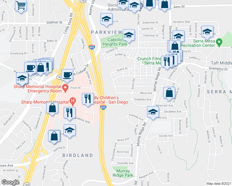 map of restaurants, bars, coffee shops, grocery stores, and more near Larkdale Avenue & Neva Avenue in San Diego