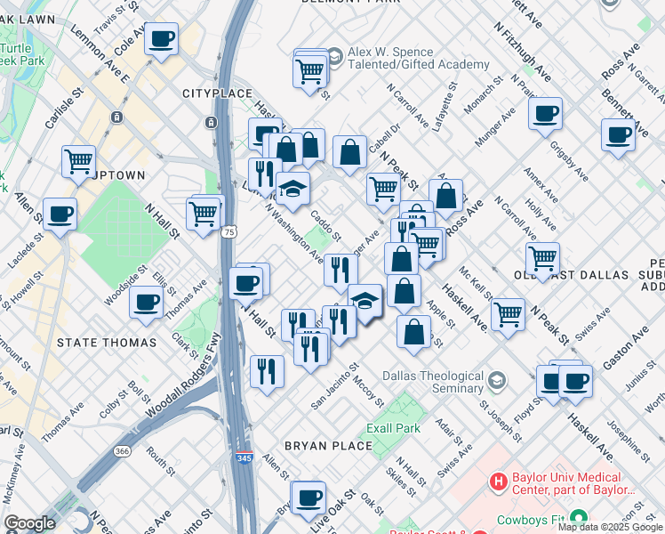 map of restaurants, bars, coffee shops, grocery stores, and more near in Dallas
