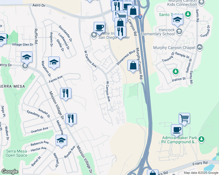 map of restaurants, bars, coffee shops, grocery stores, and more near 2991 West Canyon Avenue in San Diego