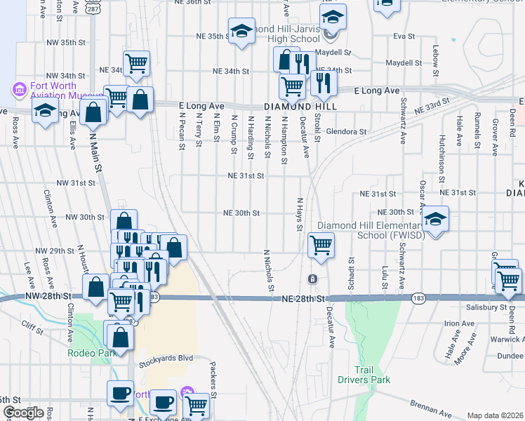 map of restaurants, bars, coffee shops, grocery stores, and more near 3021 North Nichols Street in Fort Worth