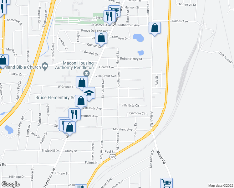 map of restaurants, bars, coffee shops, grocery stores, and more near 3581 Flamingo Drive in Macon