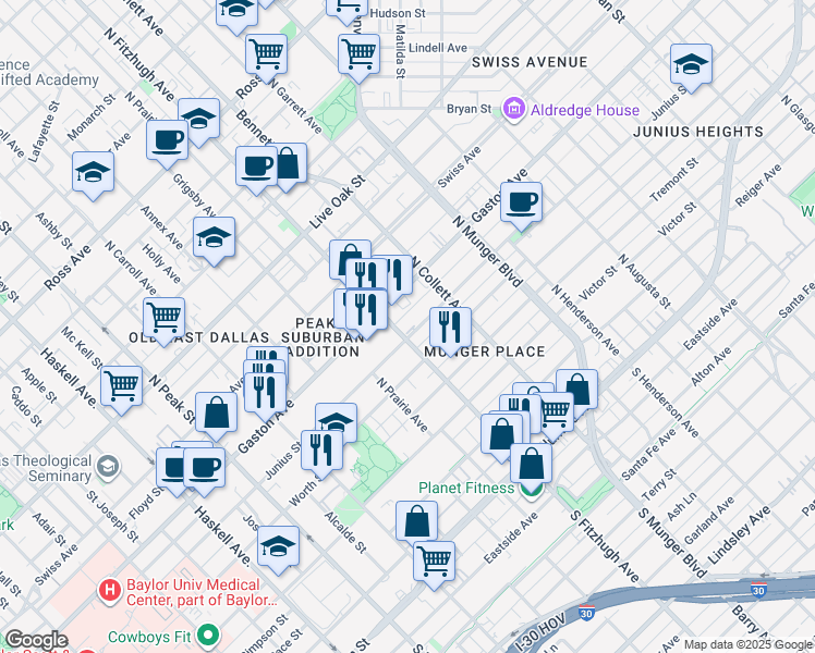 map of restaurants, bars, coffee shops, grocery stores, and more near 4903 Junius Street in Dallas