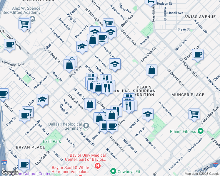 map of restaurants, bars, coffee shops, grocery stores, and more near in Dallas