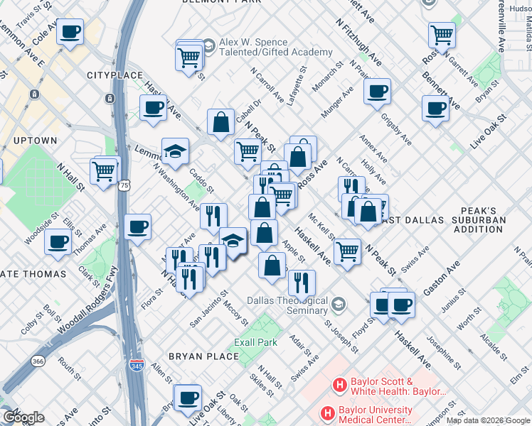 map of restaurants, bars, coffee shops, grocery stores, and more near 4001 Ross Avenue in Dallas