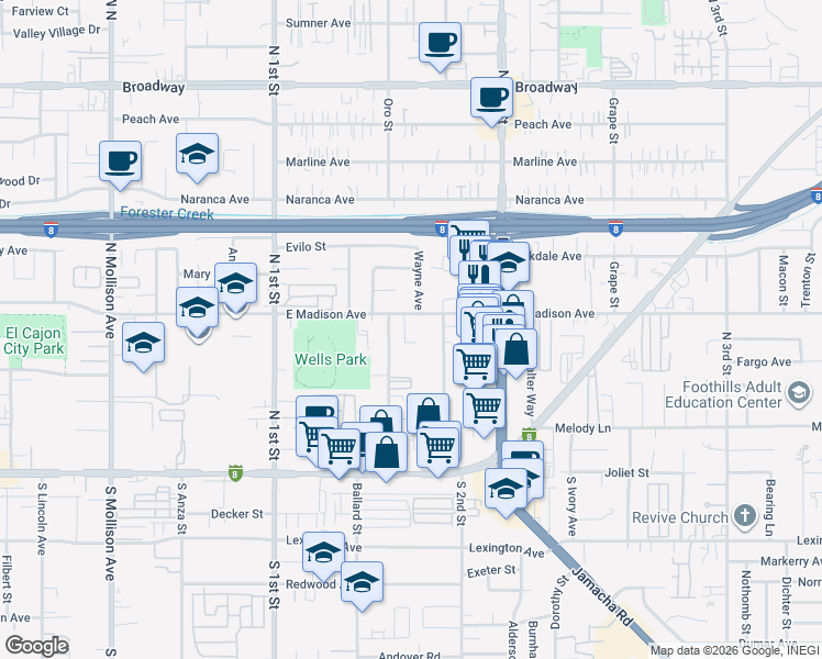 map of restaurants, bars, coffee shops, grocery stores, and more near 393 Orlando Street in El Cajon
