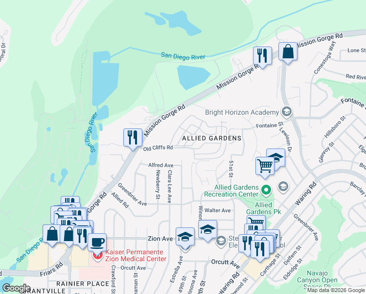 map of restaurants, bars, coffee shops, grocery stores, and more near 4865 Old Cliffs Road in San Diego