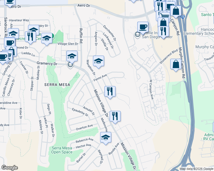 map of restaurants, bars, coffee shops, grocery stores, and more near 9401 Fullerton Avenue in San Diego