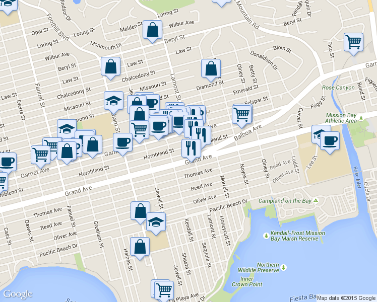 map of restaurants, bars, coffee shops, grocery stores, and more near 1854 Grand Avenue in San Diego