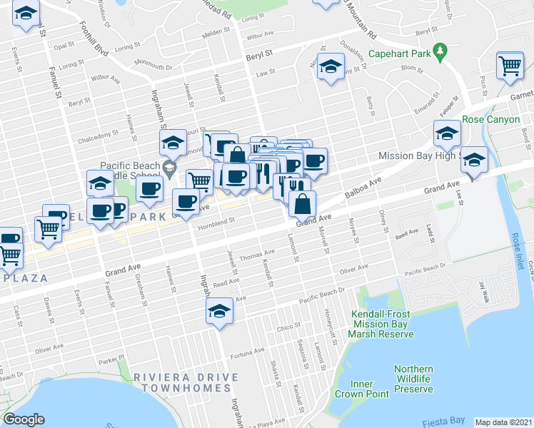 map of restaurants, bars, coffee shops, grocery stores, and more near 1854 Grand Avenue in San Diego