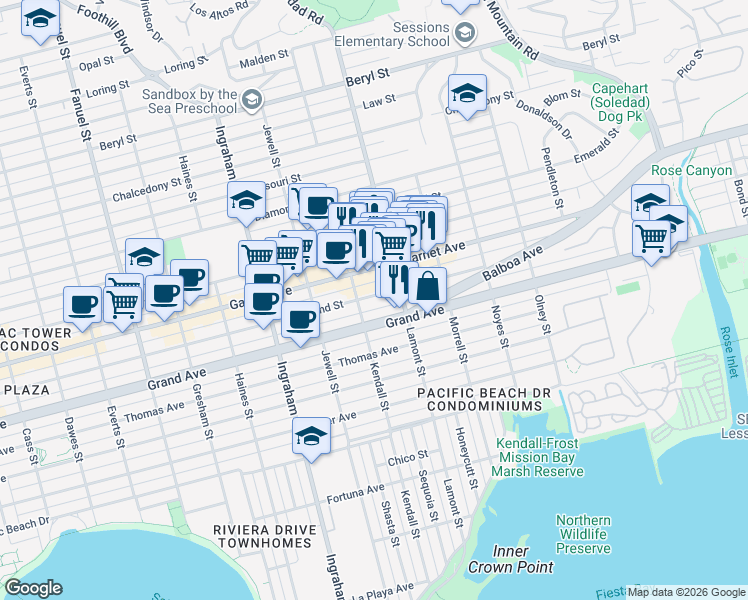 map of restaurants, bars, coffee shops, grocery stores, and more near 1854 Grand Avenue in San Diego