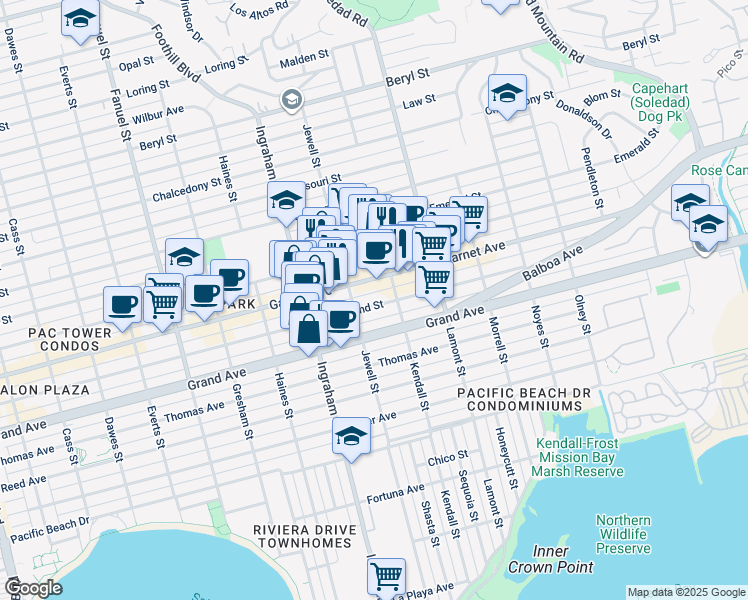 map of restaurants, bars, coffee shops, grocery stores, and more near in San Diego