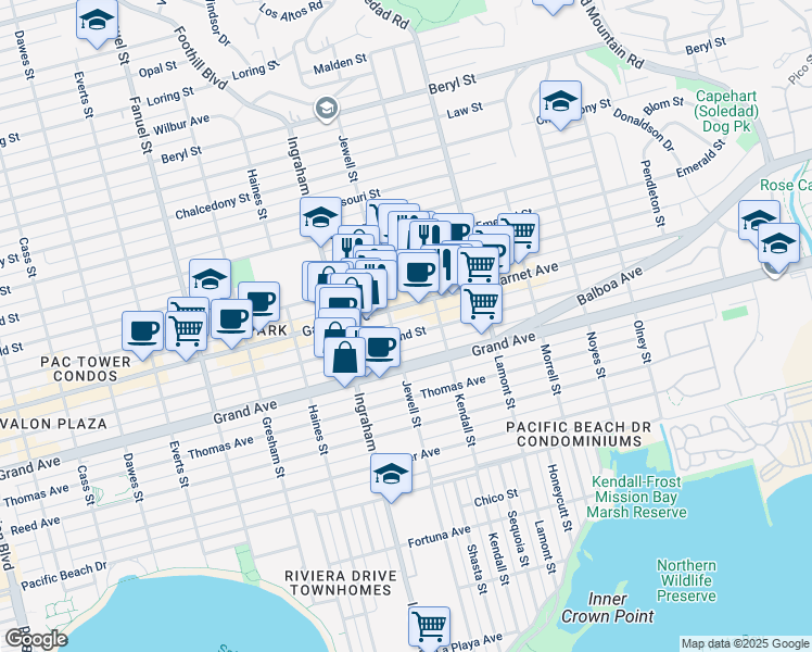 map of restaurants, bars, coffee shops, grocery stores, and more near in San Diego