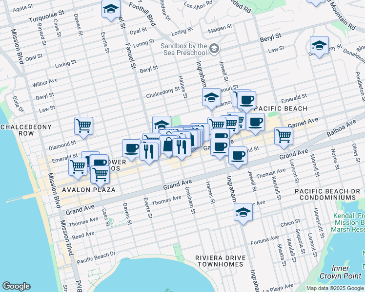 map of restaurants, bars, coffee shops, grocery stores, and more near 1400 Garnet Avenue in San Diego