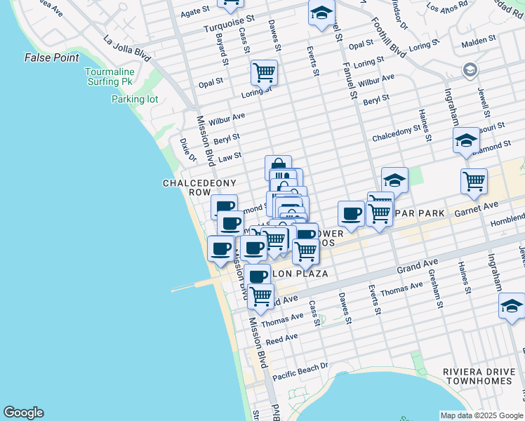 map of restaurants, bars, coffee shops, grocery stores, and more near 930 Emerald Street in San Diego