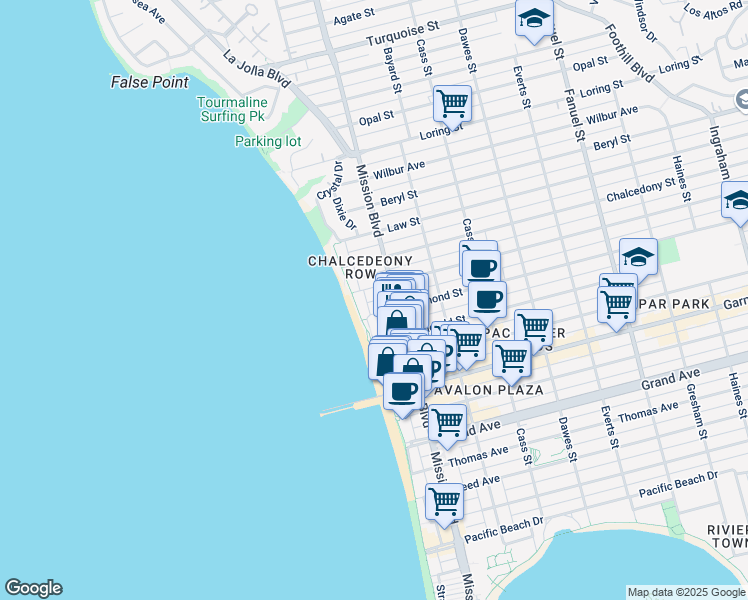 map of restaurants, bars, coffee shops, grocery stores, and more near 600 Diamond Street in San Diego