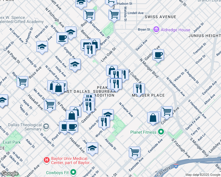 map of restaurants, bars, coffee shops, grocery stores, and more near 4803 Gaston Avenue in Dallas