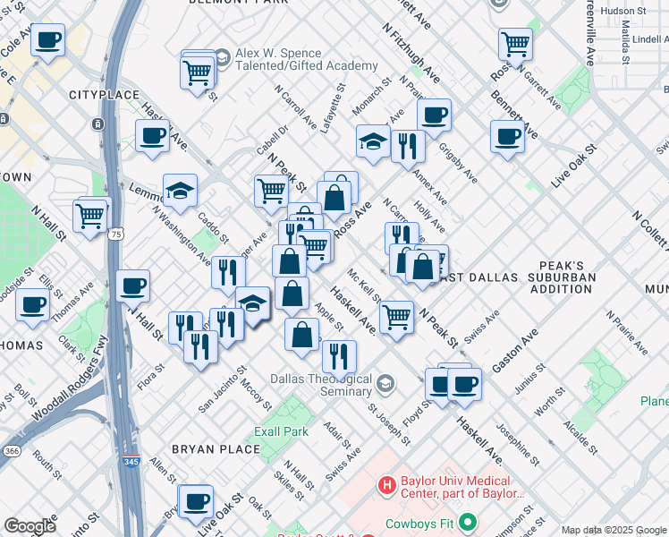 map of restaurants, bars, coffee shops, grocery stores, and more near 4060 San Jacinto Street in Dallas