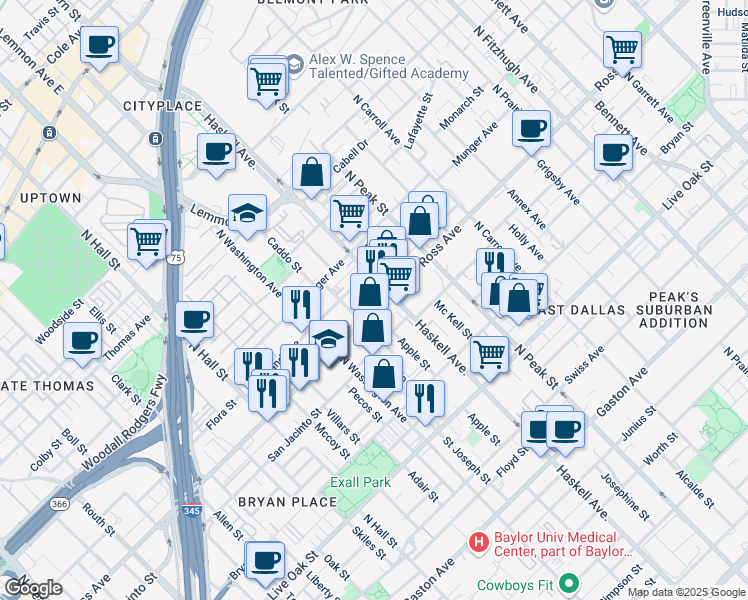 map of restaurants, bars, coffee shops, grocery stores, and more near 3910 Ross Avenue in Dallas