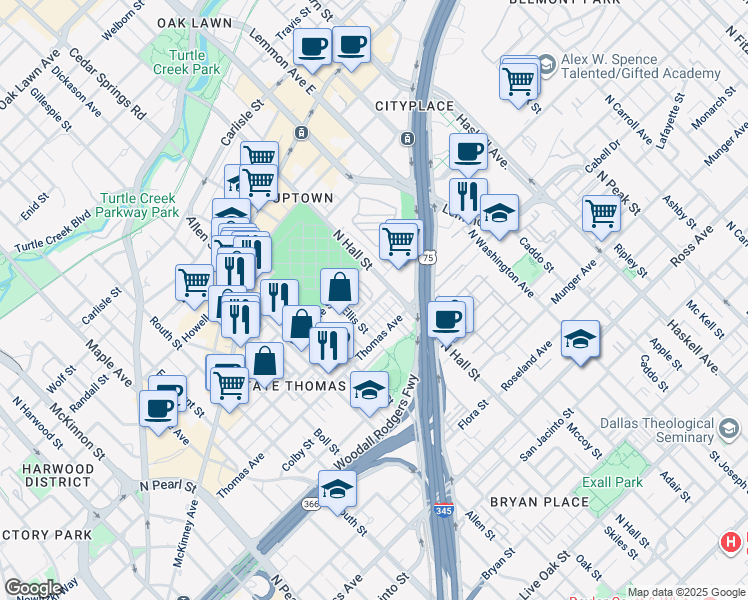 map of restaurants, bars, coffee shops, grocery stores, and more near 3117 Thomas Avenue in Dallas