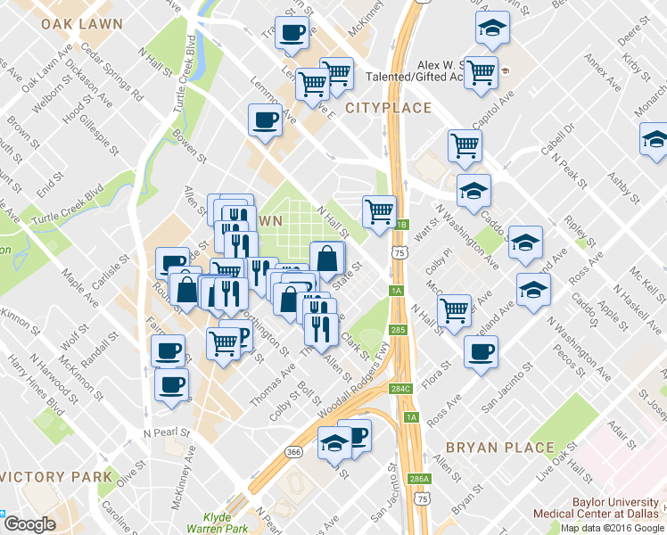 map of restaurants, bars, coffee shops, grocery stores, and more near 2419 Ellis Street in Dallas