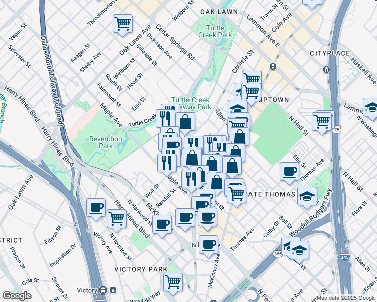 map of restaurants, bars, coffee shops, grocery stores, and more near 2511 Cedar Springs Road in Dallas