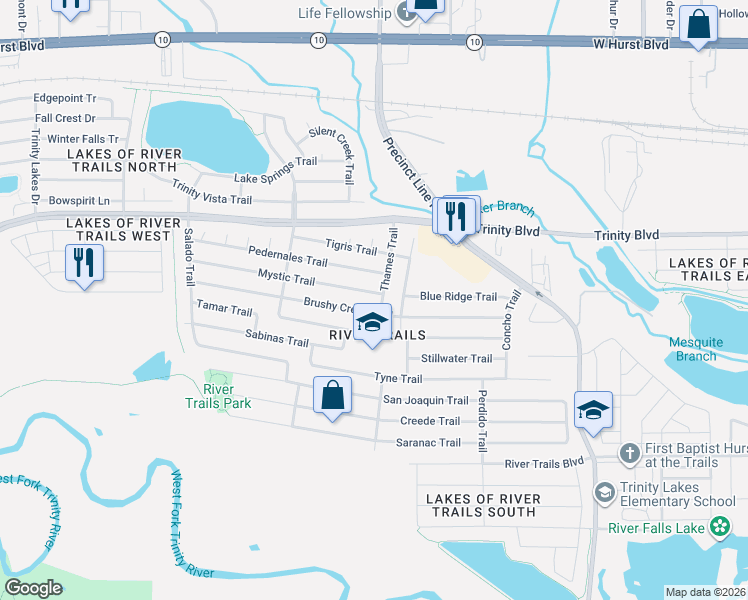 map of restaurants, bars, coffee shops, grocery stores, and more near 8900 Brushy Creek Trail in Fort Worth