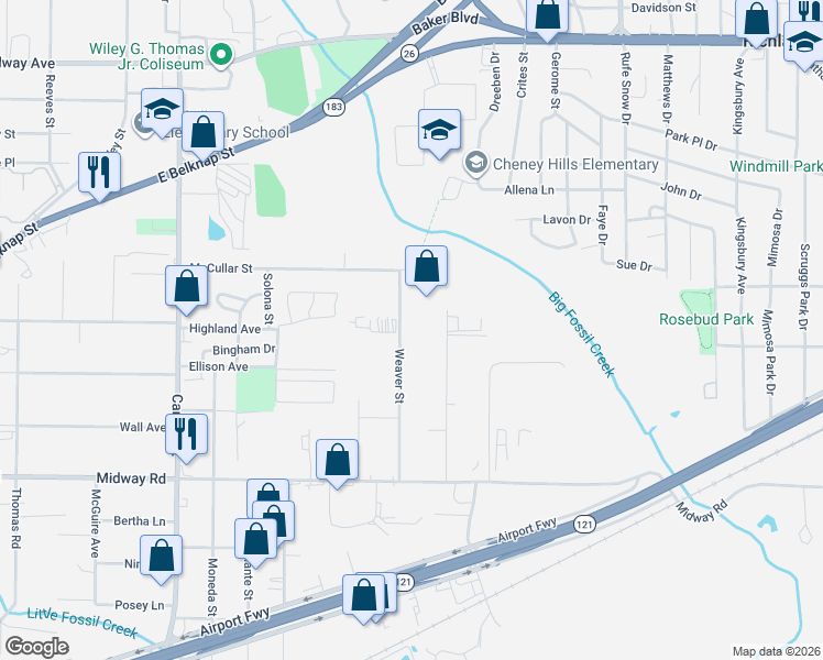 map of restaurants, bars, coffee shops, grocery stores, and more near 2608 Weaver Street in Haltom City