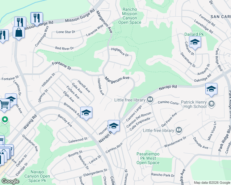 map of restaurants, bars, coffee shops, grocery stores, and more near 5946 Crow Court in San Diego