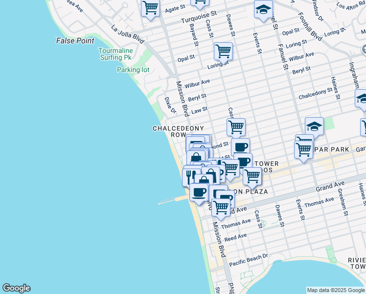 map of restaurants, bars, coffee shops, grocery stores, and more near 633 Missouri Street in San Diego