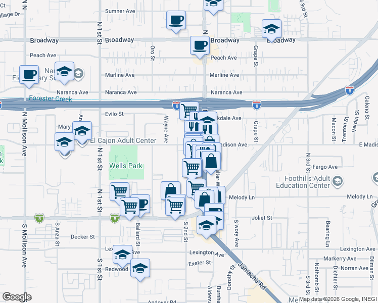 map of restaurants, bars, coffee shops, grocery stores, and more near 377 Shady Lane in El Cajon