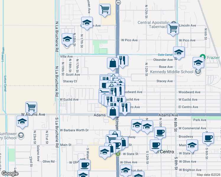 map of restaurants, bars, coffee shops, grocery stores, and more near 844 North Imperial Avenue in El Centro
