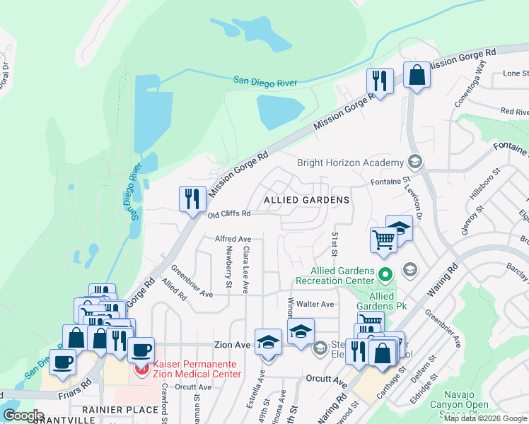 map of restaurants, bars, coffee shops, grocery stores, and more near 4865 Old Cliffs Road in San Diego
