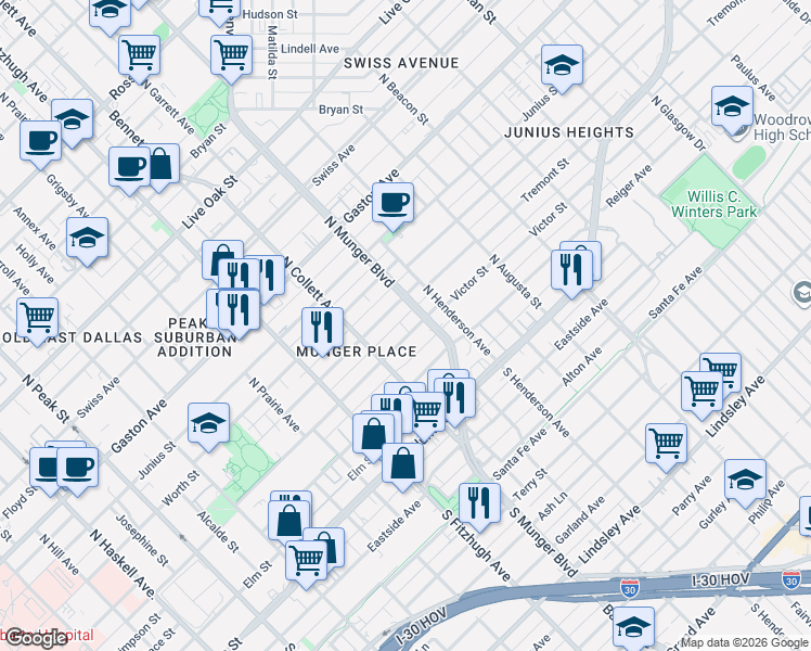 map of restaurants, bars, coffee shops, grocery stores, and more near 5016 Victor Street in Dallas