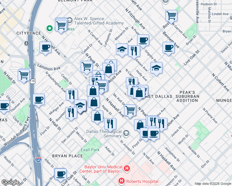 map of restaurants, bars, coffee shops, grocery stores, and more near 4112 San Jacinto Street in Dallas